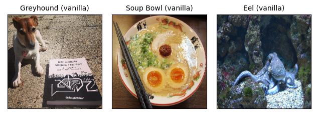 شکل ۲۸.۲: تصاویر یک سگ که به عنوان greyhound، یک سوپ رامن که به عنوان کاسه‌ی سوپ (soup bowl)، و یک اختاپوس که به عنوان مار آبی (eel) طبقه‌بندی شده‌اند.